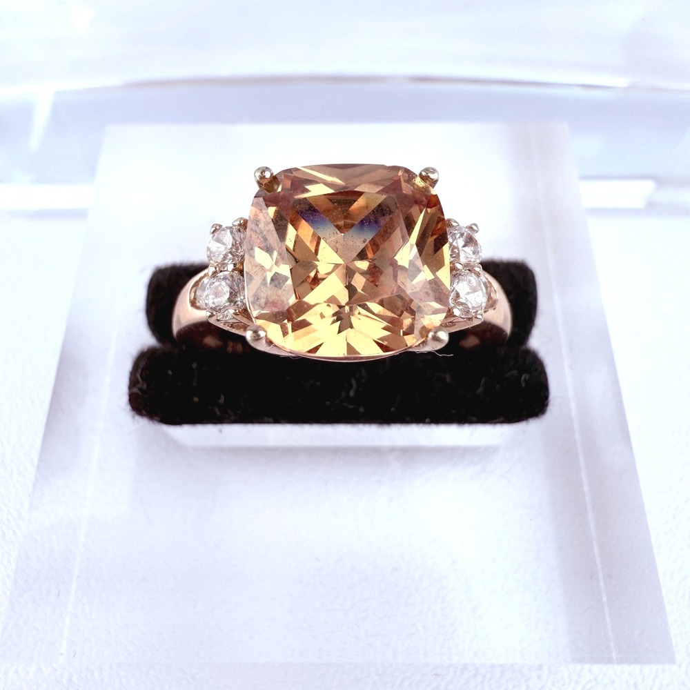 PAJ 925 Sterling Silver Cushion-Cut Champagne CZ Ring Clear Accent Stones Size 8 - Picture 2 of 11